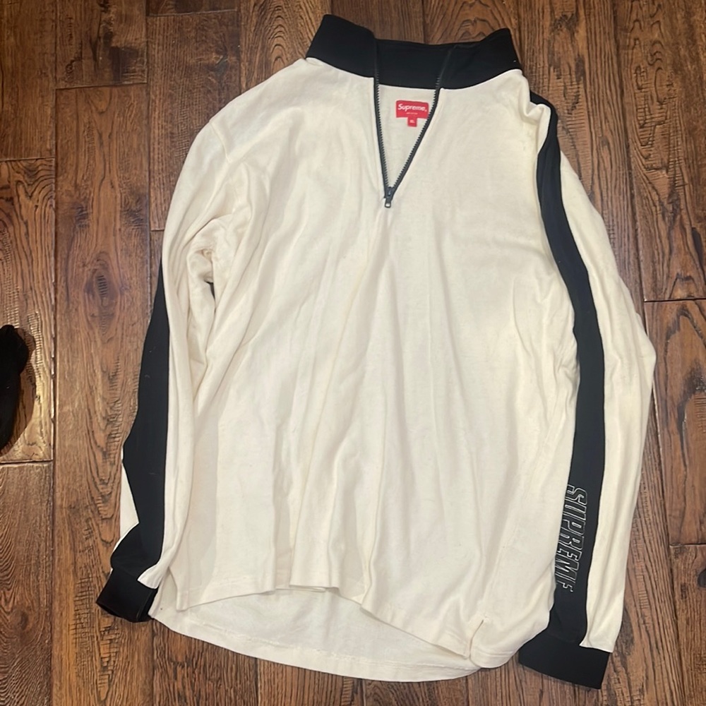 black and white Supreme long sleeve shirt